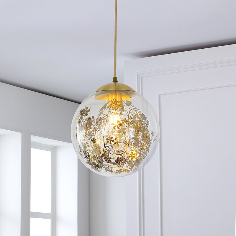 Yellow Ball Pendant Lamp Modern 1-Head Clear Glass Ceiling Light with Inner Shattered Leaves Decoration Clearhalo 'Ceiling Lights' 'Glass shade' 'Glass' 'Modern Pendants' 'Modern' 'Pendant Lights' 'Pendants' Lighting' 520016