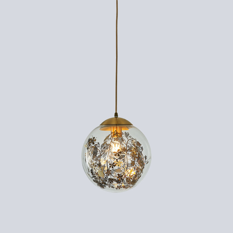 Yellow Ball Pendant Lamp Modern 1-Head Clear Glass Ceiling Light with Inner Shattered Leaves Decoration Clearhalo 'Ceiling Lights' 'Glass shade' 'Glass' 'Modern Pendants' 'Modern' 'Pendant Lights' 'Pendants' Lighting' 520018