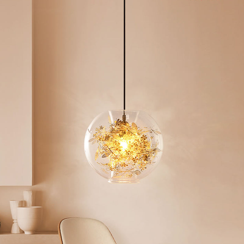 Sphere Pendant Lighting Modern Clear Glass 1 Head Gold Suspension Lamp with Inner Shattered Leaves Detail Clearhalo 'Ceiling Lights' 'Glass shade' 'Glass' 'Modern Pendants' 'Modern' 'Pendant Lights' 'Pendants' Lighting' 520044