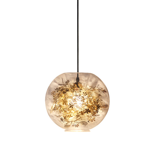 Sphere Pendant Lighting Modern Clear Glass 1 Head Gold Suspension Lamp with Inner Shattered Leaves Detail Clearhalo 'Ceiling Lights' 'Glass shade' 'Glass' 'Modern Pendants' 'Modern' 'Pendant Lights' 'Pendants' Lighting' 520045