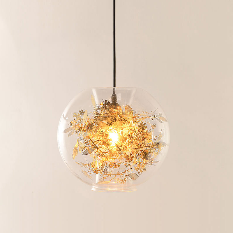 Sphere Pendant Lighting Modern Clear Glass 1 Head Gold Suspension Lamp with Inner Shattered Leaves Detail Clearhalo 'Ceiling Lights' 'Glass shade' 'Glass' 'Modern Pendants' 'Modern' 'Pendant Lights' 'Pendants' Lighting' 520046