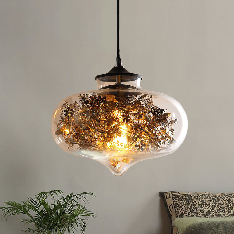Clear Glass Oval Hanging Lighting Modern 1 Light Ceiling Lamp in Black with Shattered Leaves Deco Clearhalo 'Ceiling Lights' 'Glass shade' 'Glass' 'Modern Pendants' 'Modern' 'Pendant Lights' 'Pendants' Lighting' 520049
