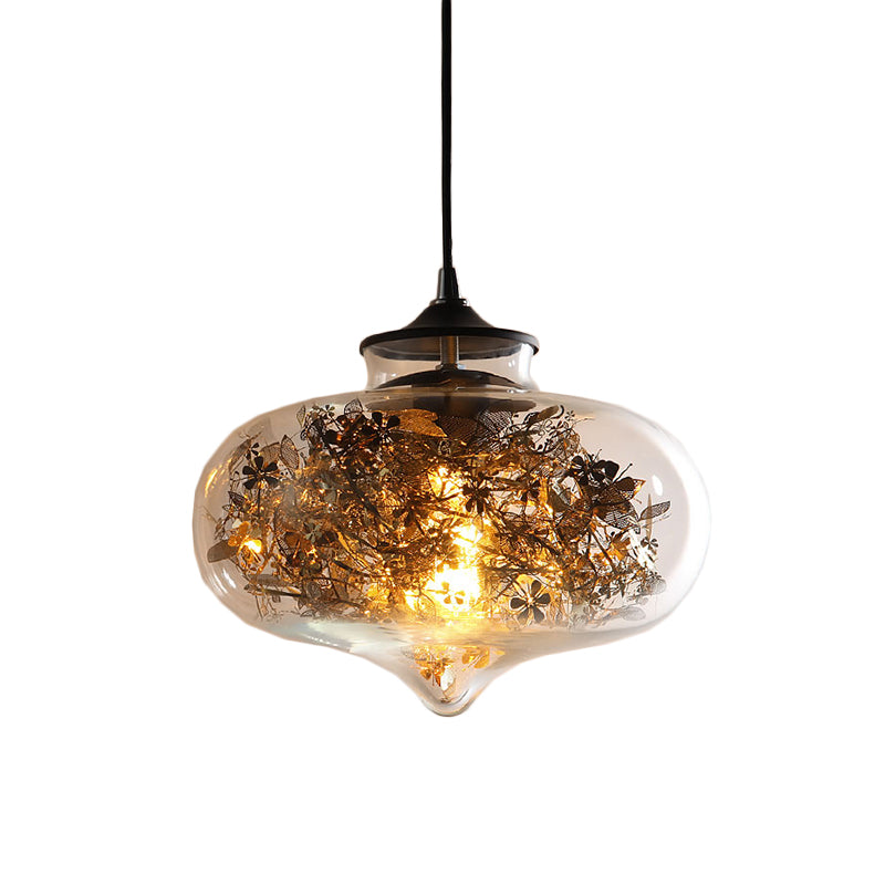Clear Glass Oval Hanging Lighting Modern 1 Light Ceiling Lamp in Black with Shattered Leaves Deco Clearhalo 'Ceiling Lights' 'Glass shade' 'Glass' 'Modern Pendants' 'Modern' 'Pendant Lights' 'Pendants' Lighting' 520050