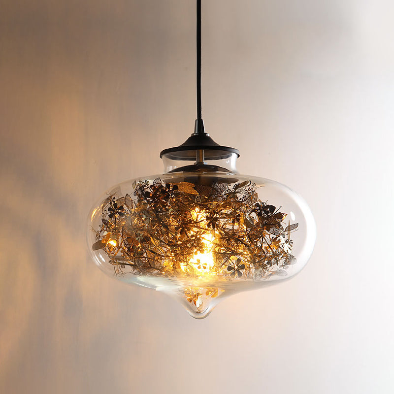 Clear Glass Oval Hanging Lighting Modern 1 Light Ceiling Lamp in Black with Shattered Leaves Deco Clearhalo 'Ceiling Lights' 'Glass shade' 'Glass' 'Modern Pendants' 'Modern' 'Pendant Lights' 'Pendants' Lighting' 520051