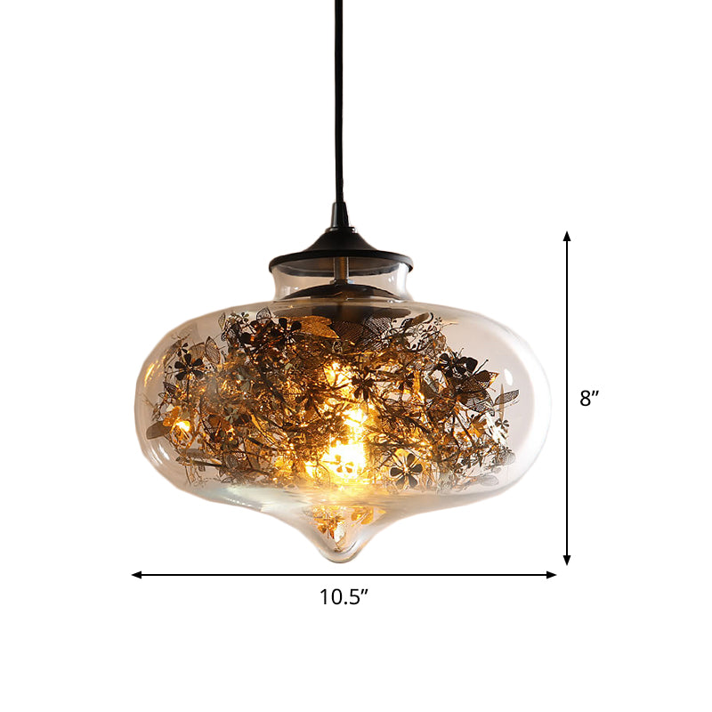 Clear Glass Oval Hanging Lighting Modern 1 Light Ceiling Lamp in Black with Shattered Leaves Deco Clearhalo 'Ceiling Lights' 'Glass shade' 'Glass' 'Modern Pendants' 'Modern' 'Pendant Lights' 'Pendants' Lighting' 520052