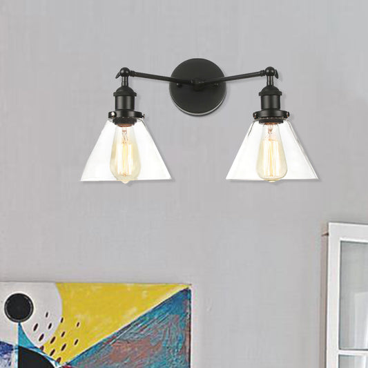 Clear Glass Conical Wall Mount Light Vintage 2 Lights Living Room Sconce Fixture in Black/Brass/Bronze Clearhalo 'Art deco wall lights' 'Cast Iron' 'Glass' 'Industrial wall lights' 'Industrial' 'Middle century wall lights' 'Modern' 'Rustic wall lights' 'Tiffany' 'Traditional wall lights' 'Wall Lamps & Sconces' 'Wall Lights' Lighting' 520054