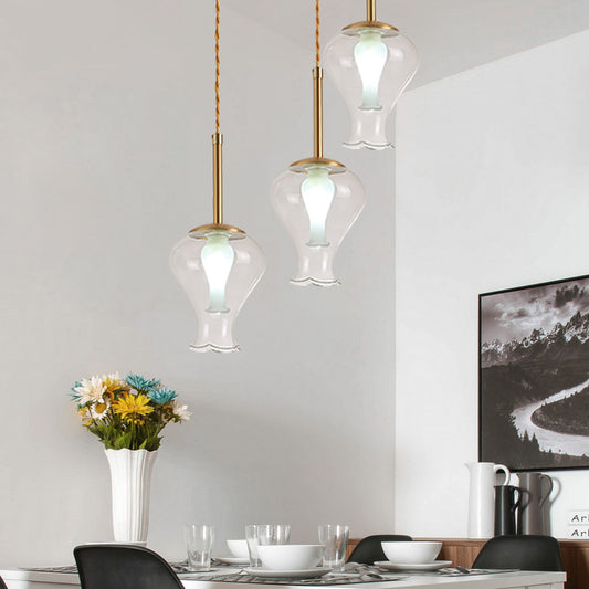 Clear Glass Vase Ceiling Light Modernism 3 Lights Multi Lamp Pendant in Brass over Dining Room Brass Clearhalo 'Ceiling Lights' 'Chandeliers' 'Glass shade' 'Glass' 'Modern Pendants' 'Modern' 'Pendant Lights' 'Pendants' Lighting' 520106