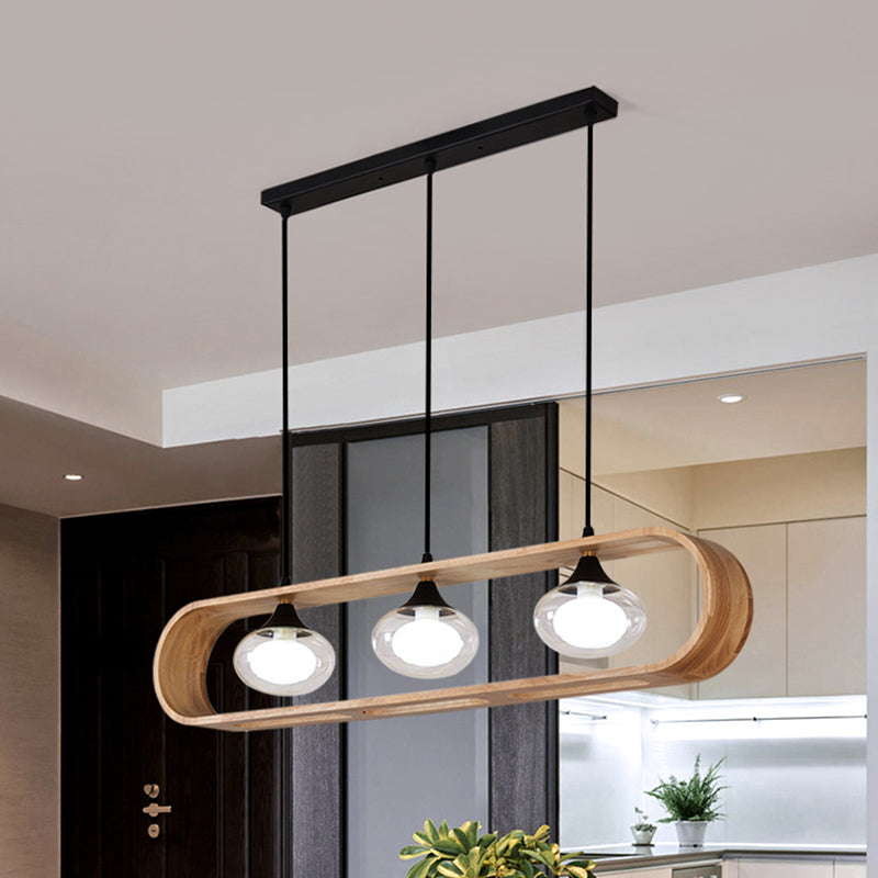 Beige Rectangle Hanging Lighting Modernism 3-Head Wood Cluster Pendant Lamp with Oval Clear Glass Shade Clearhalo 'Ceiling Lights' 'Glass shade' 'Glass' 'Modern Pendants' 'Modern' 'Pendant Lights' 'Pendants' Lighting' 520117