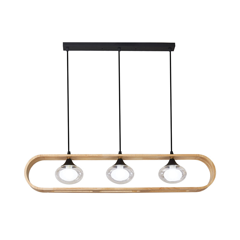 Beige Rectangle Hanging Lighting Modernism 3-Head Wood Cluster Pendant Lamp with Oval Clear Glass Shade Clearhalo 'Ceiling Lights' 'Glass shade' 'Glass' 'Modern Pendants' 'Modern' 'Pendant Lights' 'Pendants' Lighting' 520118