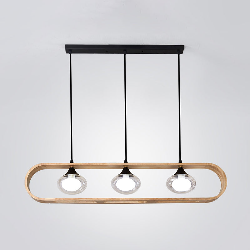 Beige Rectangle Hanging Lighting Modernism 3-Head Wood Cluster Pendant Lamp with Oval Clear Glass Shade Clearhalo 'Ceiling Lights' 'Glass shade' 'Glass' 'Modern Pendants' 'Modern' 'Pendant Lights' 'Pendants' Lighting' 520119