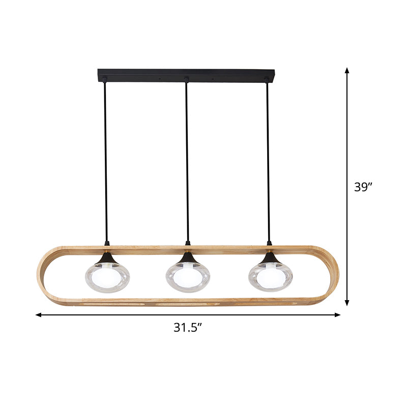 Beige Rectangle Hanging Lighting Modernism 3-Head Wood Cluster Pendant Lamp with Oval Clear Glass Shade Clearhalo 'Ceiling Lights' 'Glass shade' 'Glass' 'Modern Pendants' 'Modern' 'Pendant Lights' 'Pendants' Lighting' 520120