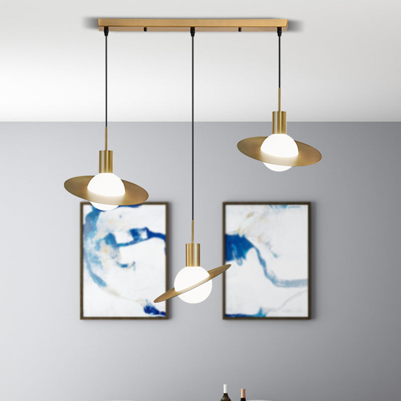 Global Milky Glass Cluster Pendant Light Modernist 3 Heads Brass Hanging Lamp with Panel Ring Detail Clearhalo 'Ceiling Lights' 'Glass shade' 'Glass' 'Modern Pendants' 'Modern' 'Pendant Lights' 'Pendants' Lighting' 520156