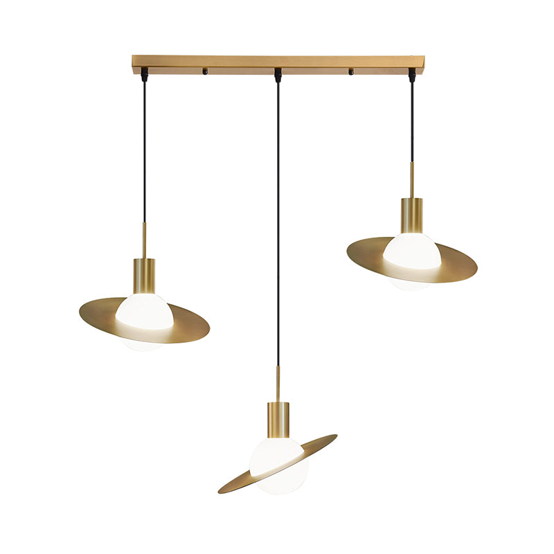 Global Milky Glass Cluster Pendant Light Modernist 3 Heads Brass Hanging Lamp with Panel Ring Detail Clearhalo 'Ceiling Lights' 'Glass shade' 'Glass' 'Modern Pendants' 'Modern' 'Pendant Lights' 'Pendants' Lighting' 520157