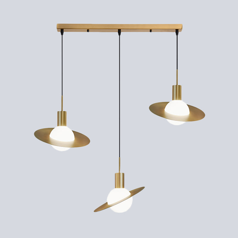 Global Milky Glass Cluster Pendant Light Modernist 3 Heads Brass Hanging Lamp with Panel Ring Detail Clearhalo 'Ceiling Lights' 'Glass shade' 'Glass' 'Modern Pendants' 'Modern' 'Pendant Lights' 'Pendants' Lighting' 520158