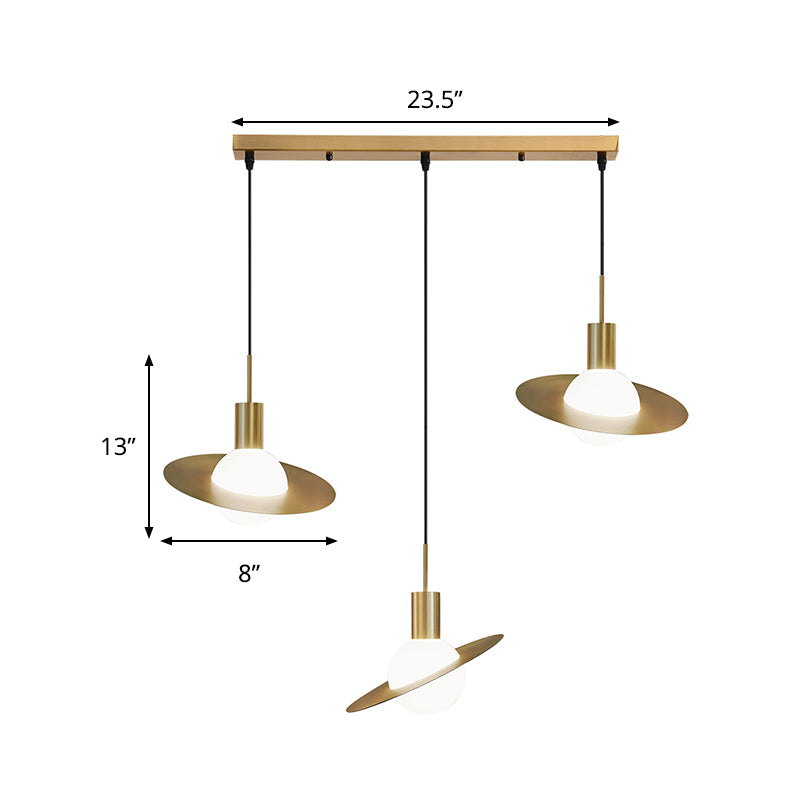 Global Milky Glass Cluster Pendant Light Modernist 3 Heads Brass Hanging Lamp with Panel Ring Detail Clearhalo 'Ceiling Lights' 'Glass shade' 'Glass' 'Modern Pendants' 'Modern' 'Pendant Lights' 'Pendants' Lighting' 520159