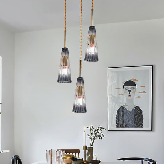 3-Head Restaurant Multi Lamp Pendant Contemporary Brass Down Light with Conical Gradual Grey Prismatic Glass Shade Brass Clearhalo 'Ceiling Lights' 'Glass shade' 'Glass' 'Modern Pendants' 'Modern' 'Pendant Lights' 'Pendants' Lighting' 520160