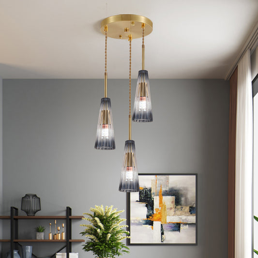 3-Head Restaurant Multi Lamp Pendant Contemporary Brass Down Light with Conical Gradual Grey Prismatic Glass Shade Clearhalo 'Ceiling Lights' 'Glass shade' 'Glass' 'Modern Pendants' 'Modern' 'Pendant Lights' 'Pendants' Lighting' 520161