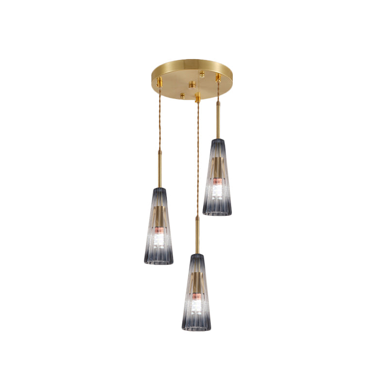 3-Head Restaurant Multi Lamp Pendant Contemporary Brass Down Light with Conical Gradual Grey Prismatic Glass Shade Clearhalo 'Ceiling Lights' 'Glass shade' 'Glass' 'Modern Pendants' 'Modern' 'Pendant Lights' 'Pendants' Lighting' 520162