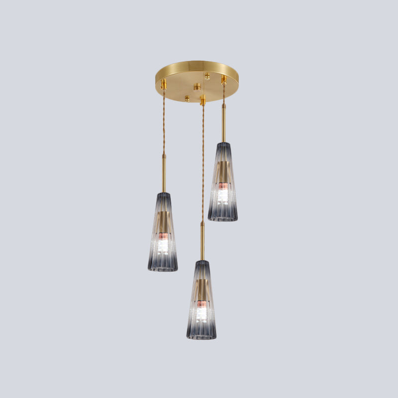 3-Head Restaurant Multi Lamp Pendant Contemporary Brass Down Light with Conical Gradual Grey Prismatic Glass Shade Clearhalo 'Ceiling Lights' 'Glass shade' 'Glass' 'Modern Pendants' 'Modern' 'Pendant Lights' 'Pendants' Lighting' 520163