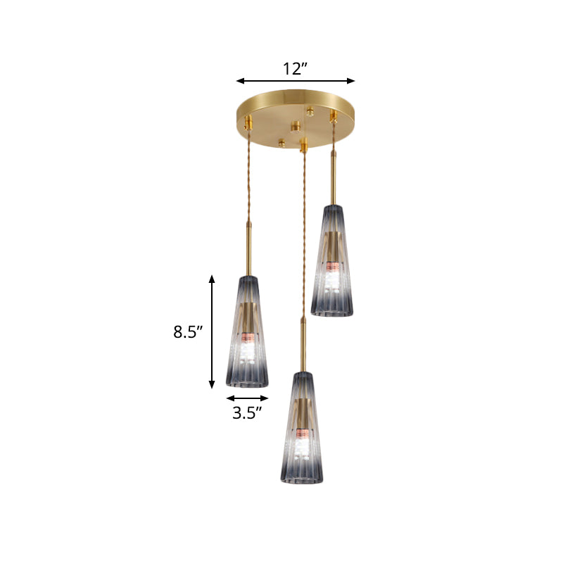 3-Head Restaurant Multi Lamp Pendant Contemporary Brass Down Light with Conical Gradual Grey Prismatic Glass Shade Clearhalo 'Ceiling Lights' 'Glass shade' 'Glass' 'Modern Pendants' 'Modern' 'Pendant Lights' 'Pendants' Lighting' 520164