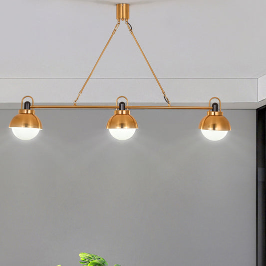 Brass Linear Chandelier Pendant Light Modernist 3 Bulbs Metallic Hanging Lamp Kit with Orb Opal Glass Shade Brass Clearhalo 'Ceiling Lights' 'Chandeliers' 'Glass shade' 'Glass' 'Modern Chandeliers' 'Modern' Lighting' 520213