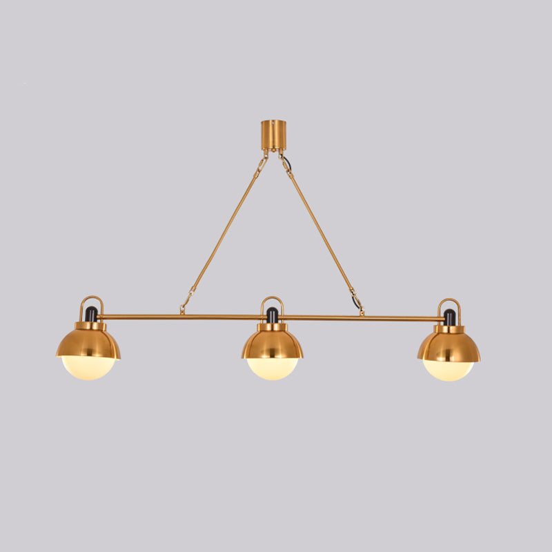 Brass Linear Chandelier Pendant Light Modernist 3 Bulbs Metallic Hanging Lamp Kit with Orb Opal Glass Shade Clearhalo 'Ceiling Lights' 'Chandeliers' 'Glass shade' 'Glass' 'Modern Chandeliers' 'Modern' Lighting' 520216