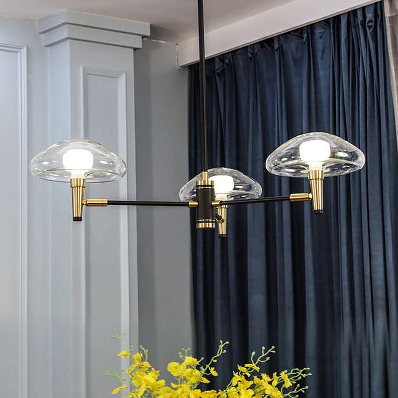 3-Light Bedroom Chandelier Modernism Black Pendant Light Fixture with Jellyfish Clear Glass Shade Black Clearhalo 'Ceiling Lights' 'Chandeliers' 'Glass shade' 'Glass' 'Modern Chandeliers' 'Modern' Lighting' 520218