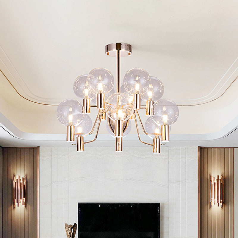 12 Bulbs Living Room Chandelier Minimalist Gold Suspended Pendant Light with Pendulum Clear Glass Shade Clearhalo 'Ceiling Lights' 'Chandeliers' 'Glass shade' 'Glass' 'Modern Chandeliers' 'Modern' Lighting' 520251