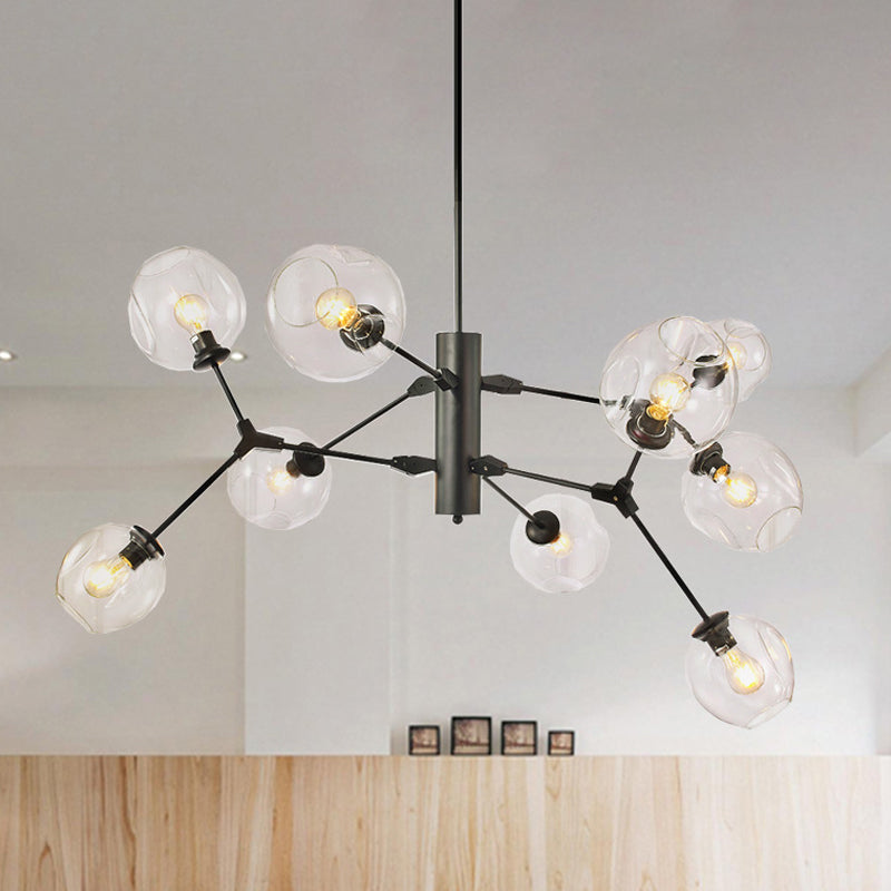 Black Sphere Hanging Chandelier Minimalist 9-Bulb Clear Dimpled Glass Branch Pendant Light Black Clearhalo 'Ceiling Lights' 'Chandeliers' 'Glass shade' 'Glass' 'Modern Chandeliers' 'Modern' Lighting' 520276