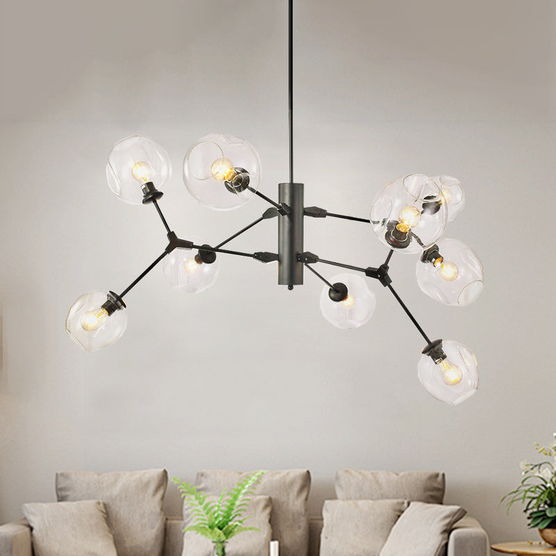 Black Sphere Hanging Chandelier Minimalist 9-Bulb Clear Dimpled Glass Branch Pendant Light Clearhalo 'Ceiling Lights' 'Chandeliers' 'Glass shade' 'Glass' 'Modern Chandeliers' 'Modern' Lighting' 520277