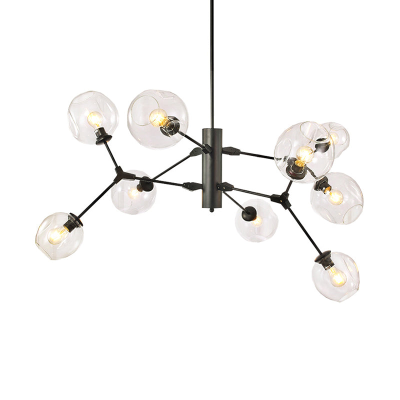 Black Sphere Hanging Chandelier Minimalist 9-Bulb Clear Dimpled Glass Branch Pendant Light Clearhalo 'Ceiling Lights' 'Chandeliers' 'Glass shade' 'Glass' 'Modern Chandeliers' 'Modern' Lighting' 520278