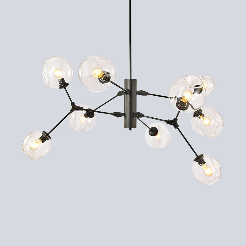 Black Sphere Hanging Chandelier Minimalist 9-Bulb Clear Dimpled Glass Branch Pendant Light Clearhalo 'Ceiling Lights' 'Chandeliers' 'Glass shade' 'Glass' 'Modern Chandeliers' 'Modern' Lighting' 520279