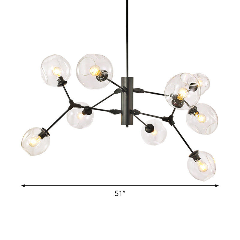 Black Sphere Hanging Chandelier Minimalist 9-Bulb Clear Dimpled Glass Branch Pendant Light Clearhalo 'Ceiling Lights' 'Chandeliers' 'Glass shade' 'Glass' 'Modern Chandeliers' 'Modern' Lighting' 520280