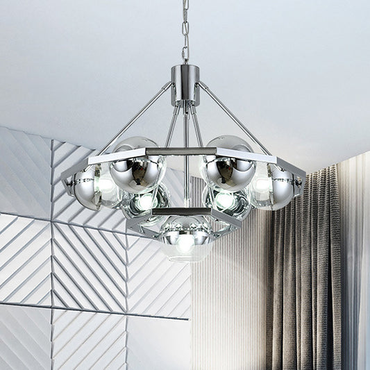 7 Bulbs Living Room Hanging Light Modern Silver Ceiling Chandelier with 2-Layer Ball Clear Glass Shade Silver Clearhalo 'Ceiling Lights' 'Chandeliers' 'Close To Ceiling Lights' 'Glass shade' 'Glass' 'Modern Chandeliers' 'Modern' Lighting' 520286
