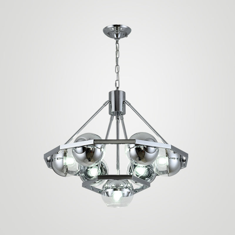 7 Bulbs Living Room Hanging Light Modern Silver Ceiling Chandelier with 2-Layer Ball Clear Glass Shade Clearhalo 'Ceiling Lights' 'Chandeliers' 'Close To Ceiling Lights' 'Glass shade' 'Glass' 'Modern Chandeliers' 'Modern' Lighting' 520289