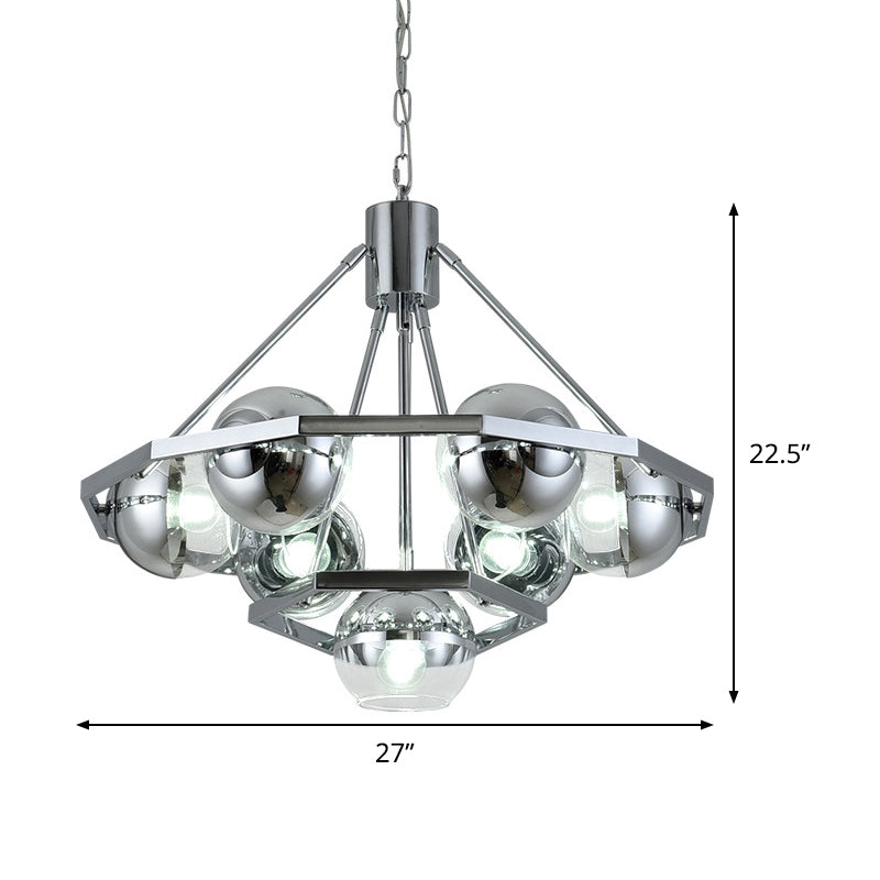 7 Bulbs Living Room Hanging Light Modern Silver Ceiling Chandelier with 2-Layer Ball Clear Glass Shade Clearhalo 'Ceiling Lights' 'Chandeliers' 'Close To Ceiling Lights' 'Glass shade' 'Glass' 'Modern Chandeliers' 'Modern' Lighting' 520290