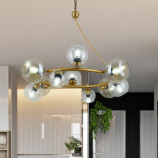 Contemporary 12 Lights Pendant with Clear Glass Shade Brass Round Hanging Ceiling Lamp Brass Clearhalo 'Ceiling Lights' 'Chandeliers' 'Glass shade' 'Glass' 'Modern Chandeliers' 'Modern' Lighting' 520291