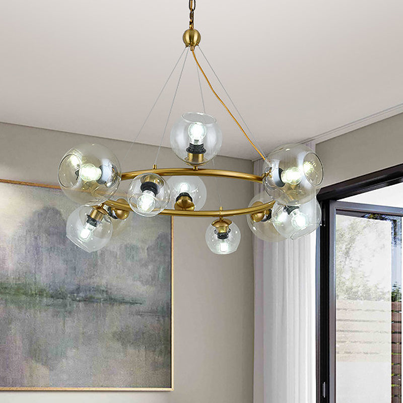 Contemporary 12 Lights Pendant with Clear Glass Shade Brass Round Hanging Ceiling Lamp Clearhalo 'Ceiling Lights' 'Chandeliers' 'Glass shade' 'Glass' 'Modern Chandeliers' 'Modern' Lighting' 520292