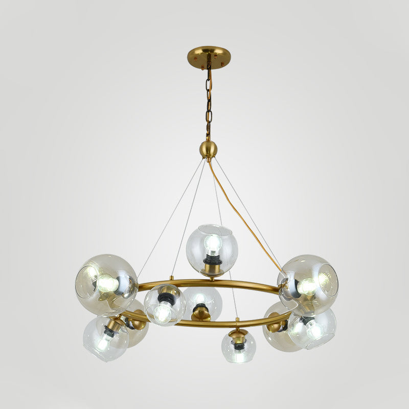 Contemporary 12 Lights Pendant with Clear Glass Shade Brass Round Hanging Ceiling Lamp Clearhalo 'Ceiling Lights' 'Chandeliers' 'Glass shade' 'Glass' 'Modern Chandeliers' 'Modern' Lighting' 520294