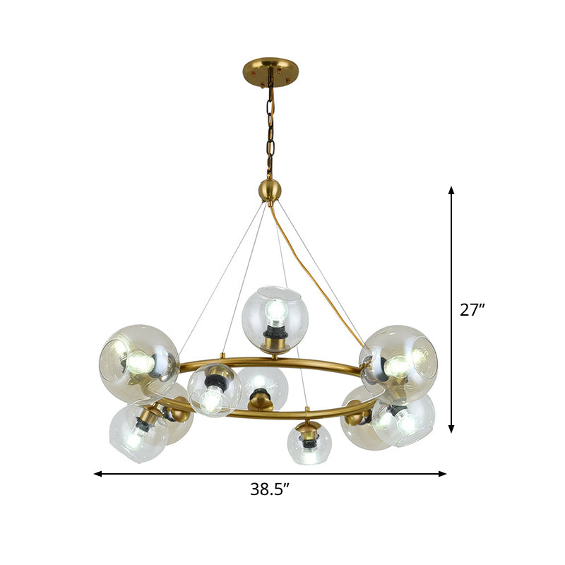 Contemporary 12 Lights Pendant with Clear Glass Shade Brass Round Hanging Ceiling Lamp Clearhalo 'Ceiling Lights' 'Chandeliers' 'Glass shade' 'Glass' 'Modern Chandeliers' 'Modern' Lighting' 520295