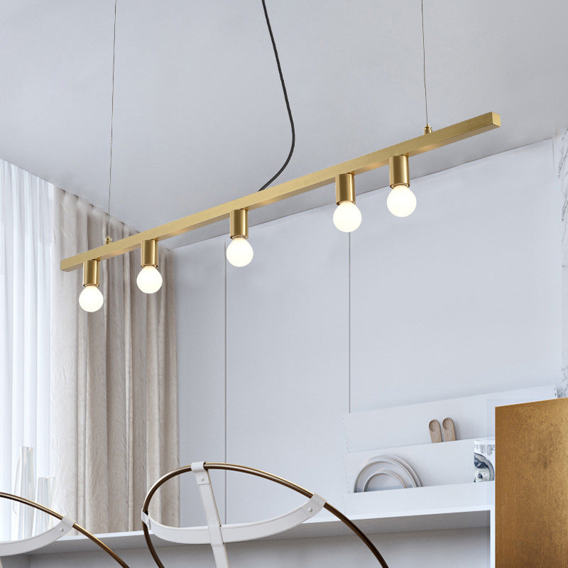 Brass Linear Down Lighting Postmodern 5-Light Metal Hanging Chandelier over Dining Table Clearhalo 'Ceiling Lights' 'Chandeliers' 'Glass shade' 'Glass' 'Modern Chandeliers' 'Modern' Lighting' 520317