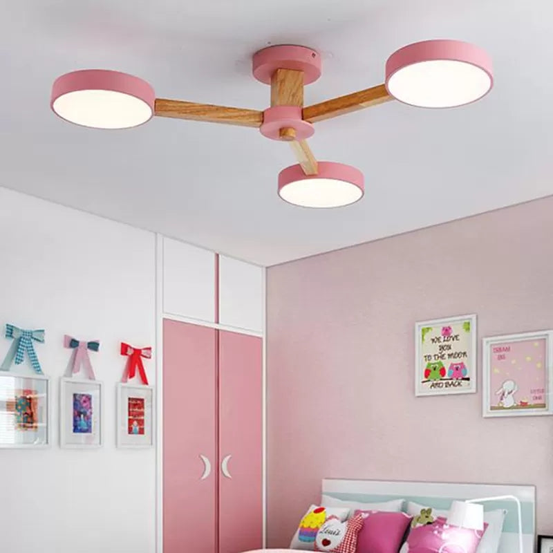 Nordic Snowflake Chandelier with Round Shade Acrylic Wood Pink&Green Hanging Light for Kindergarten Clearhalo 'Ceiling Lights' 'Close To Ceiling Lights' 'Close to ceiling' 'Semi-flushmount' Lighting' 52032