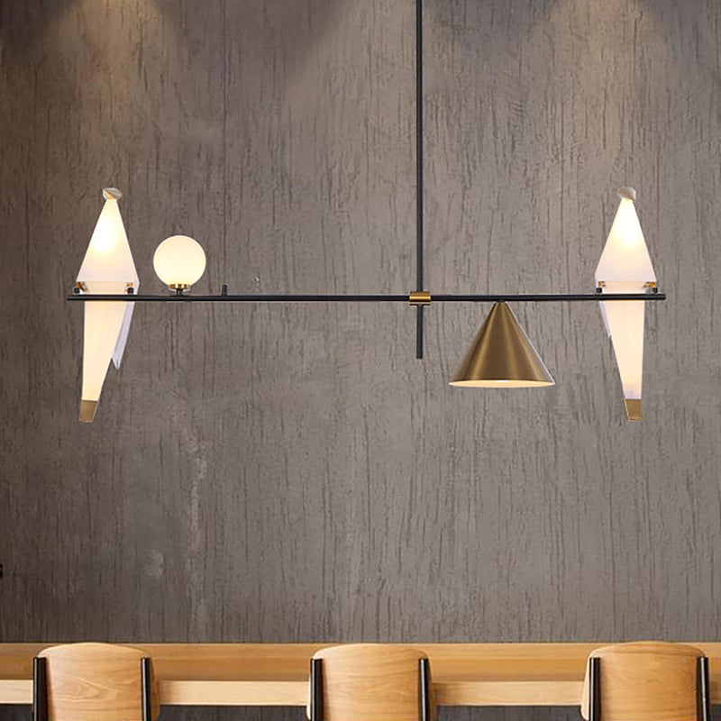 Modern Paper Crane Pendant Metal 4 Bulbs Dining Room Linear Chandelier Light in Black with Cone Shade Clearhalo 'Ceiling Lights' 'Chandeliers' 'Glass shade' 'Glass' 'Modern Chandeliers' 'Modern' Lighting' 520325