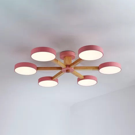 Nordic Snowflake Chandelier with Round Shade Acrylic Wood Pink&Green Hanging Light for Kindergarten 6 Pink Clearhalo 'Ceiling Lights' 'Close To Ceiling Lights' 'Close to ceiling' 'Semi-flushmount' Lighting' 52033