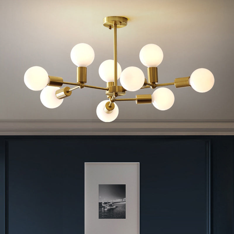 Brass Modo Pendant Chandelier Modern 9 Lights Frosted White Glass Hanging Ceiling Lamp with Branch Design Brass Clearhalo 'Ceiling Lights' 'Chandeliers' 'Glass shade' 'Glass' 'Modern Chandeliers' 'Modern' 'Pendant Lights' Lighting' 520351