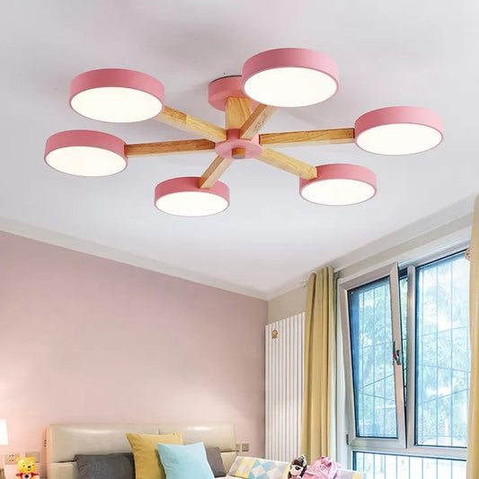 Nordic Snowflake Chandelier with Round Shade Acrylic Wood Pink&Green Hanging Light for Kindergarten Clearhalo 'Ceiling Lights' 'Close To Ceiling Lights' 'Close to ceiling' 'Semi-flushmount' Lighting' 52035