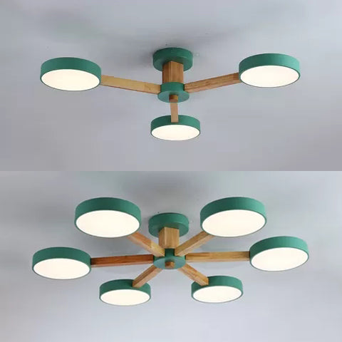 Nordic Snowflake Chandelier with Round Shade Acrylic Wood Pink&Green Hanging Light for Kindergarten Clearhalo 'Ceiling Lights' 'Close To Ceiling Lights' 'Close to ceiling' 'Semi-flushmount' Lighting' 52036