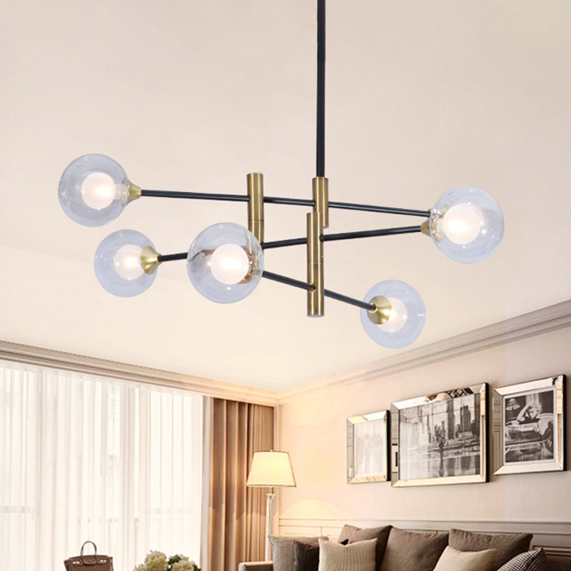 6 Heads Bedroom Linear Chandelier Contemporary Brass Pendant Lamp with Ball Clear Glass Shade Brass Clearhalo 'Ceiling Lights' 'Chandeliers' 'Glass shade' 'Glass' 'Modern Chandeliers' 'Modern' 'Pendant Lights' Lighting' 520364