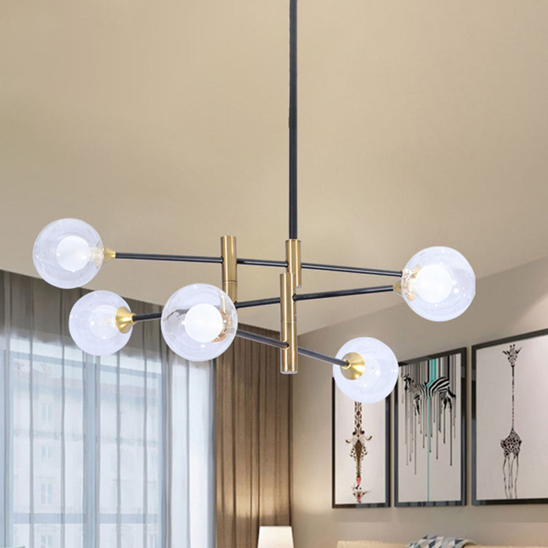 6 Heads Bedroom Linear Chandelier Contemporary Brass Pendant Lamp with Ball Clear Glass Shade Clearhalo 'Ceiling Lights' 'Chandeliers' 'Glass shade' 'Glass' 'Modern Chandeliers' 'Modern' 'Pendant Lights' Lighting' 520365