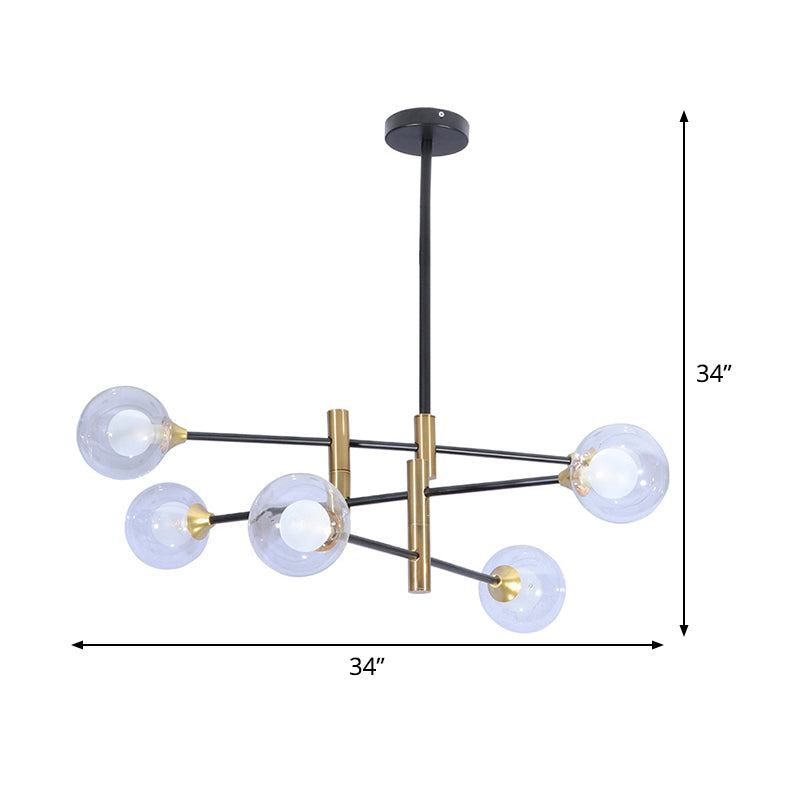 6 Heads Bedroom Linear Chandelier Contemporary Brass Pendant Lamp with Ball Clear Glass Shade Clearhalo 'Ceiling Lights' 'Chandeliers' 'Glass shade' 'Glass' 'Modern Chandeliers' 'Modern' 'Pendant Lights' Lighting' 520368